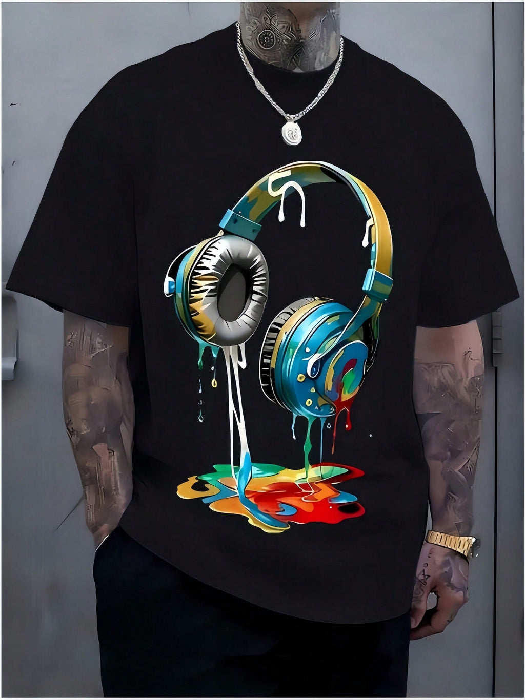 1pc Man' S Colorful Headphone Paint Print Black TShirt, Crew Neck, Casual Cotton Tee, Medium Stretch Knit Fabric, Regular Fit For Boys& Man, Perfect