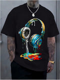 1pc Man' S Colorful Headphone Paint Print Black TShirt, Crew Neck, Casual Cotton Tee, Medium Stretch Knit Fabric, Regular Fit For Boys& Man, Perfect