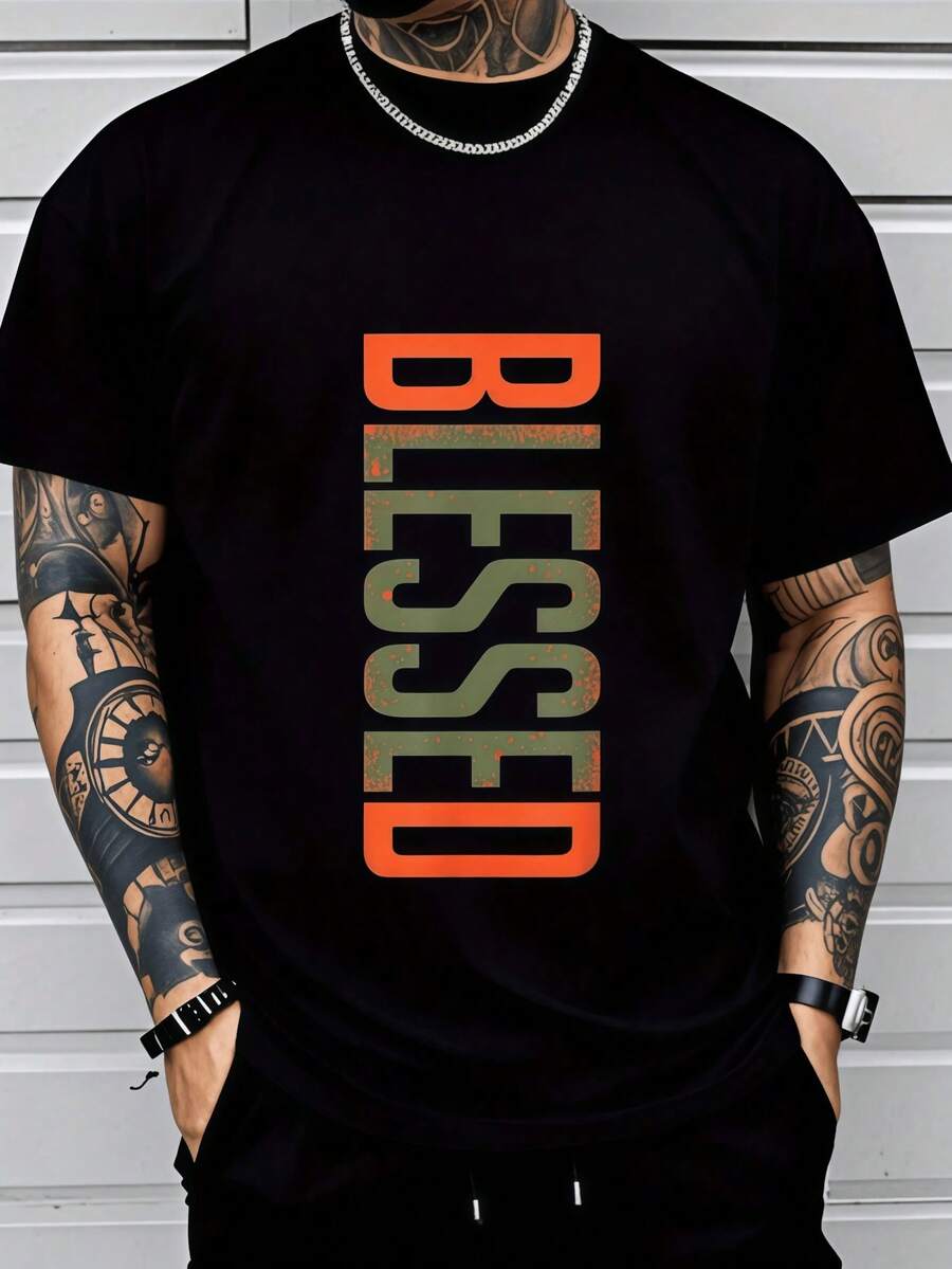 Men's 3D Graphic T-Shirt - Tee With Bold Orange & Green Lettering, Breathable Medium Stretch Fabric, Machine Washable Casual Streetwear For Gym, Beach & Casual Attire - Comfort Fit Short Sleeve Round Neck Top