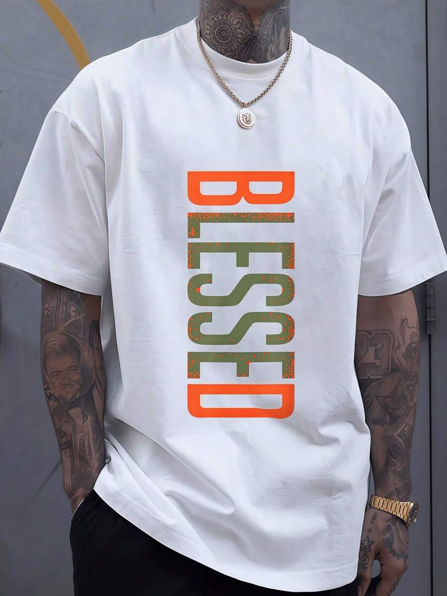 Men's 3D Graphic T-Shirt - Tee With Bold Orange & Green Lettering, Breathable Medium Stretch Fabric, Machine Washable Casual Streetwear For Gym, Beach & Casual Attire - Comfort Fit Short Sleeve Round Neck Top
