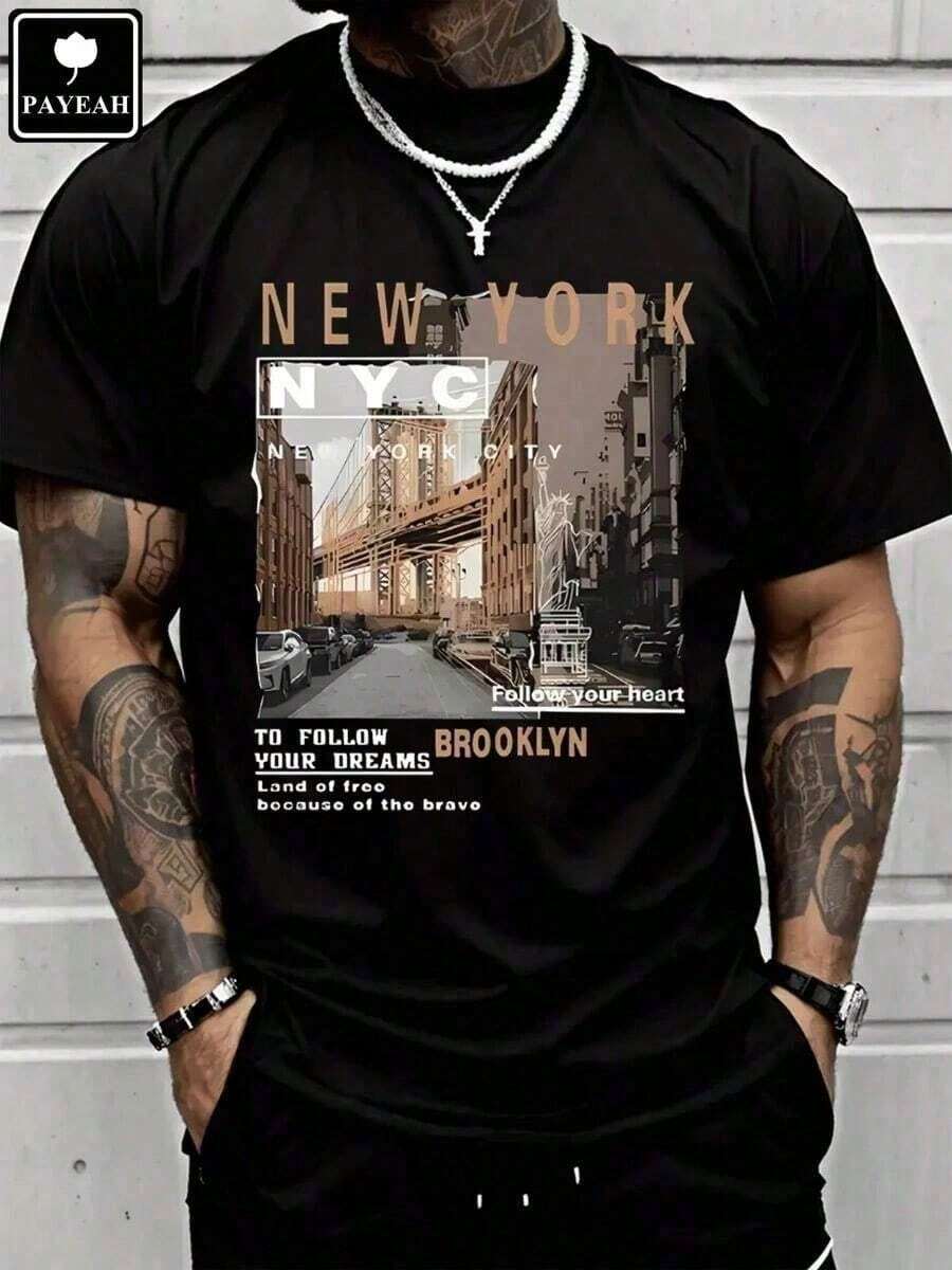 Men's Casual Cotton Streetwear, New York Brooklyn Street View, High-Quality Clothing, Fashionable T-Shirts, 100% Heavyweight Cotton T-Shirts, Men's Casual Cotton Short-Sleeve T-Shirts - Men's Basic Summer T-Shirts (Sizes S-XXXL). Cotton, Retro, Cotton, Co