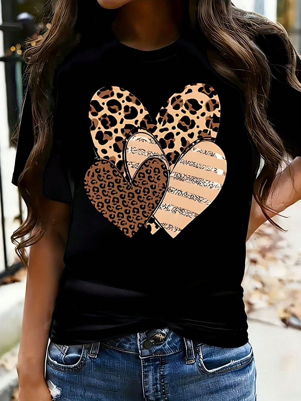 Leopard-Print Heart 1 Pcs Women's Plus Size T-Shirt Funny Oversized Graphic Short Sleeve Tee Novelty 100% Cotton Shirt Casual Crew Neck Top 220g