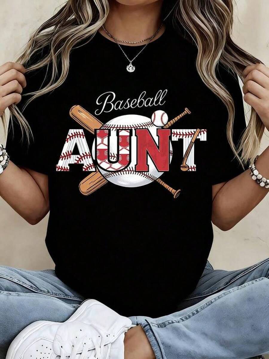 Graphic-Shirt Cotton Tees Size PlusBaseball Aunt T Shirt Black Baseball And Bat Design For Family Game Day And Sports Events ,Y2K,Oversized Shirt Men,Summer Tops