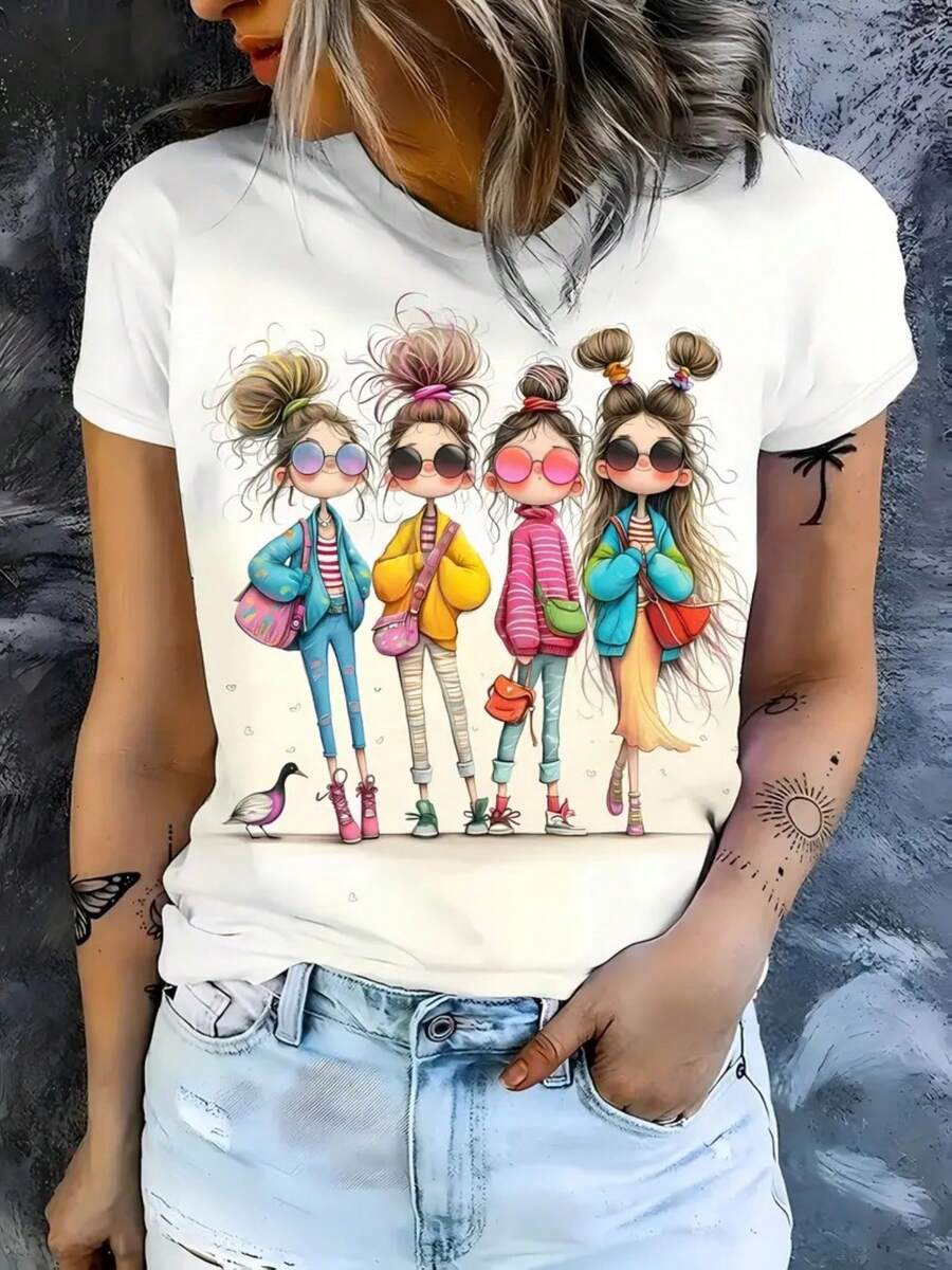 Ladies' Fashionable Casual Round Neck Top With Four ' Prints, Short Sleeves, All Season Fashion, Ladies' Fashionable, Breathable And Comfortable, 100% Pure Fabric, Fashionable Women'S Clothing, Machine Washable, Both Single And Layered Fa