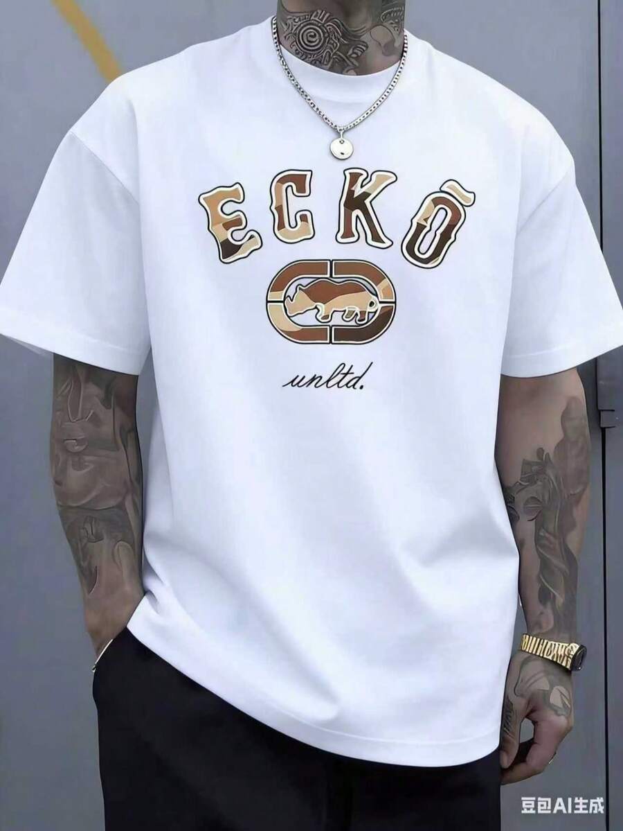 The Iconic ECKO Unltd Graphic Features A Bold Rhino Emblem With Urban Camouflage Lettering Symbolizing Strength Individuality Urban Culture And Authenticity 220g TshirtCasual Short-Sleeve T-Shirts For Men And Women
