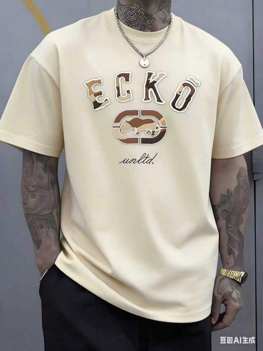 The Iconic ECKO Unltd Graphic Features A Bold Rhino Emblem With Urban Camouflage Lettering Symbolizing Strength Individuality Urban Culture And Authenticity 220g TshirtCasual Short-Sleeve T-Shirts For Men And Women