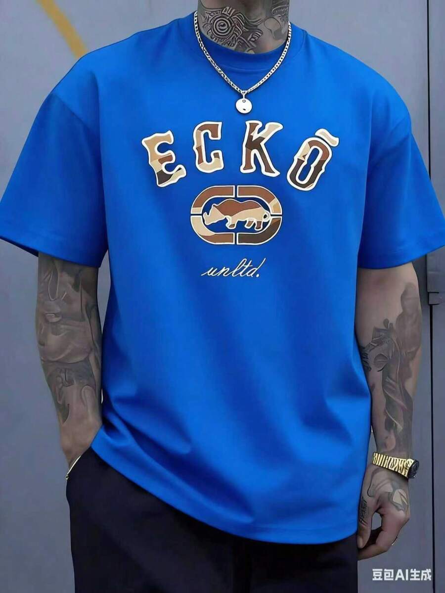 The Iconic ECKO Unltd Graphic Features A Bold Rhino Emblem With Urban Camouflage Lettering Symbolizing Strength Individuality Urban Culture And Authenticity 220g TshirtCasual Short-Sleeve T-Shirts For Men And Women