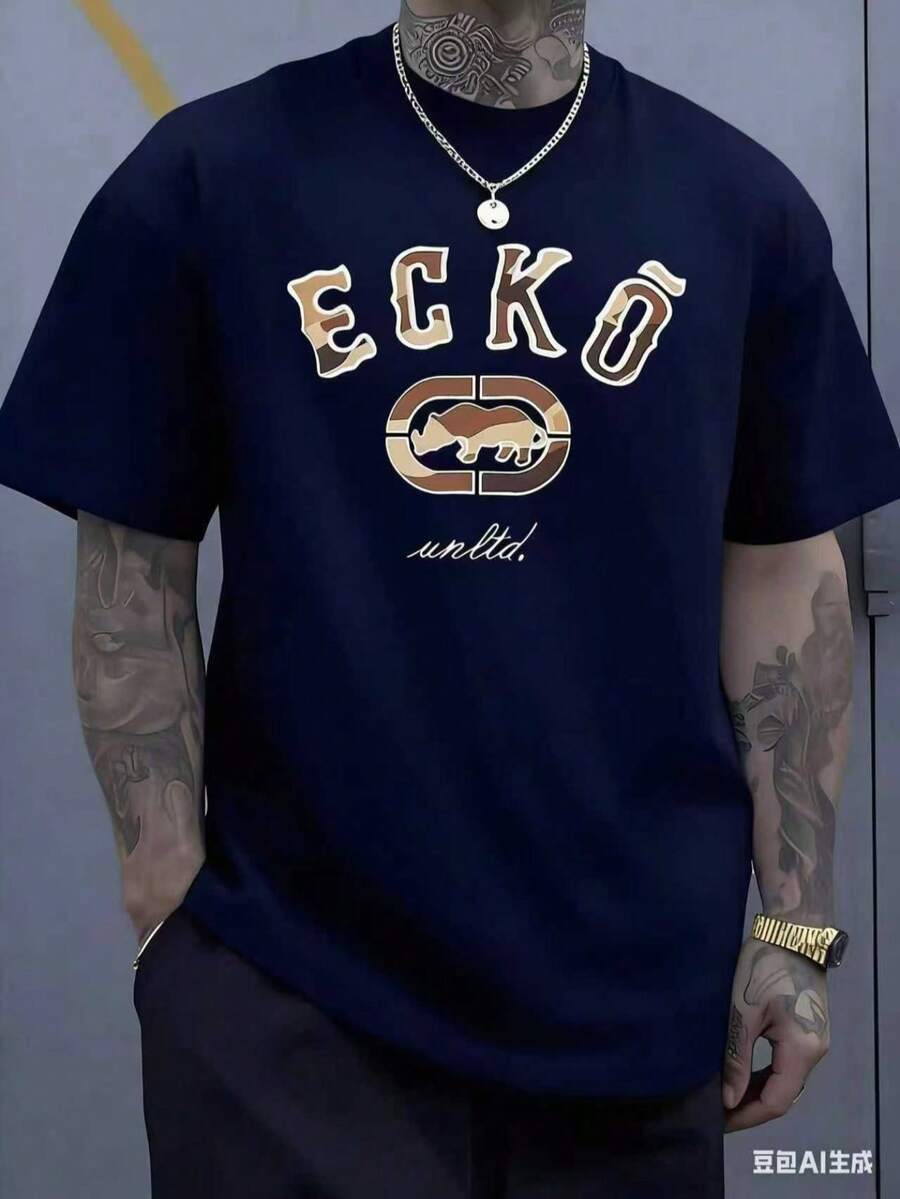 The Iconic ECKO Unltd Graphic Features A Bold Rhino Emblem With Urban Camouflage Lettering Symbolizing Strength Individuality Urban Culture And Authenticity 220g TshirtCasual Short-Sleeve T-Shirts For Men And Women