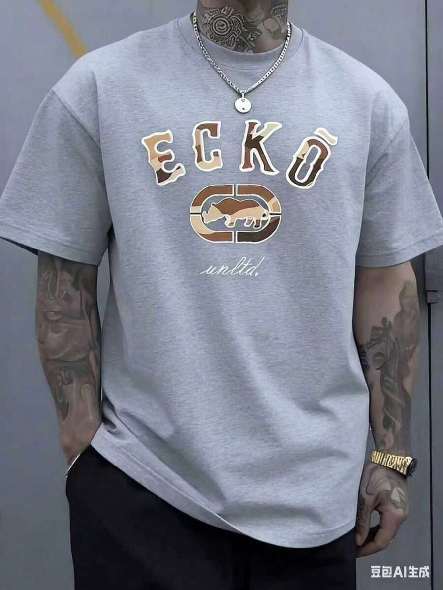 The Iconic ECKO Unltd Graphic Features A Bold Rhino Emblem With Urban Camouflage Lettering Symbolizing Strength Individuality Urban Culture And Authenticity 220g TshirtCasual Short-Sleeve T-Shirts For Men And Women