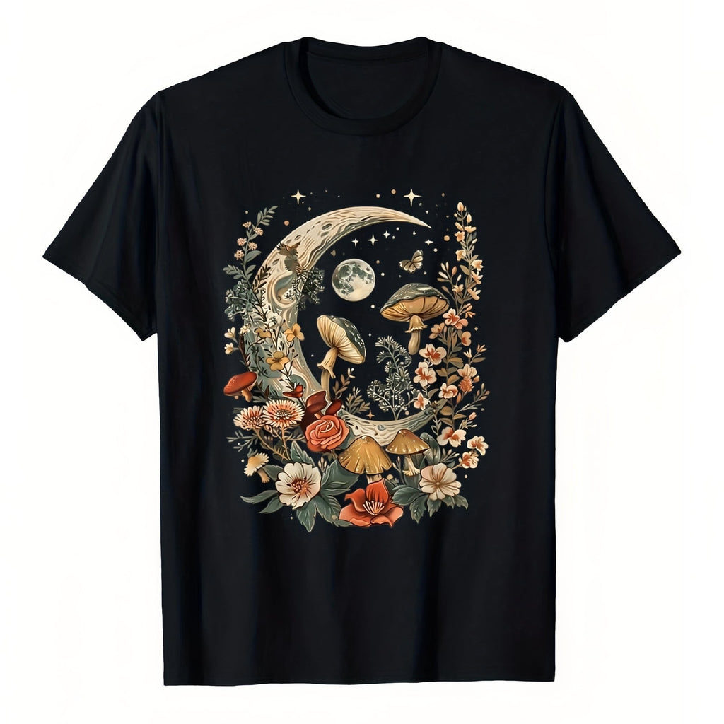 Women's Plus Size Retro Mysterious Moon & Night Owl T-Shirt - Bohemian Style Floral Moon Phase & Bat Wing Design, Red Moon, Gold Stars & Green Leaves - Soft Round Neck Casual T-Shirt, Suitable For Casual Wear, Themed Events & Dream Lovers - All-Season Ret