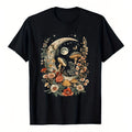 Women's Plus Size Retro Mysterious Moon & Night Owl T-Shirt - Bohemian Style Floral Moon Phase & Bat Wing Design, Red Moon, Gold Stars & Green Leaves - Soft Round Neck Casual T-Shirt, Suitable For Casual Wear, Themed Events & Dream Lovers - All-Season Ret