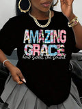 Amazing Grace How Sweet The Sound Patchwork Print T-Shirt Women's Casual White Top Christian Inspiration Statement Shirt For Everyday Wear And Religious Events