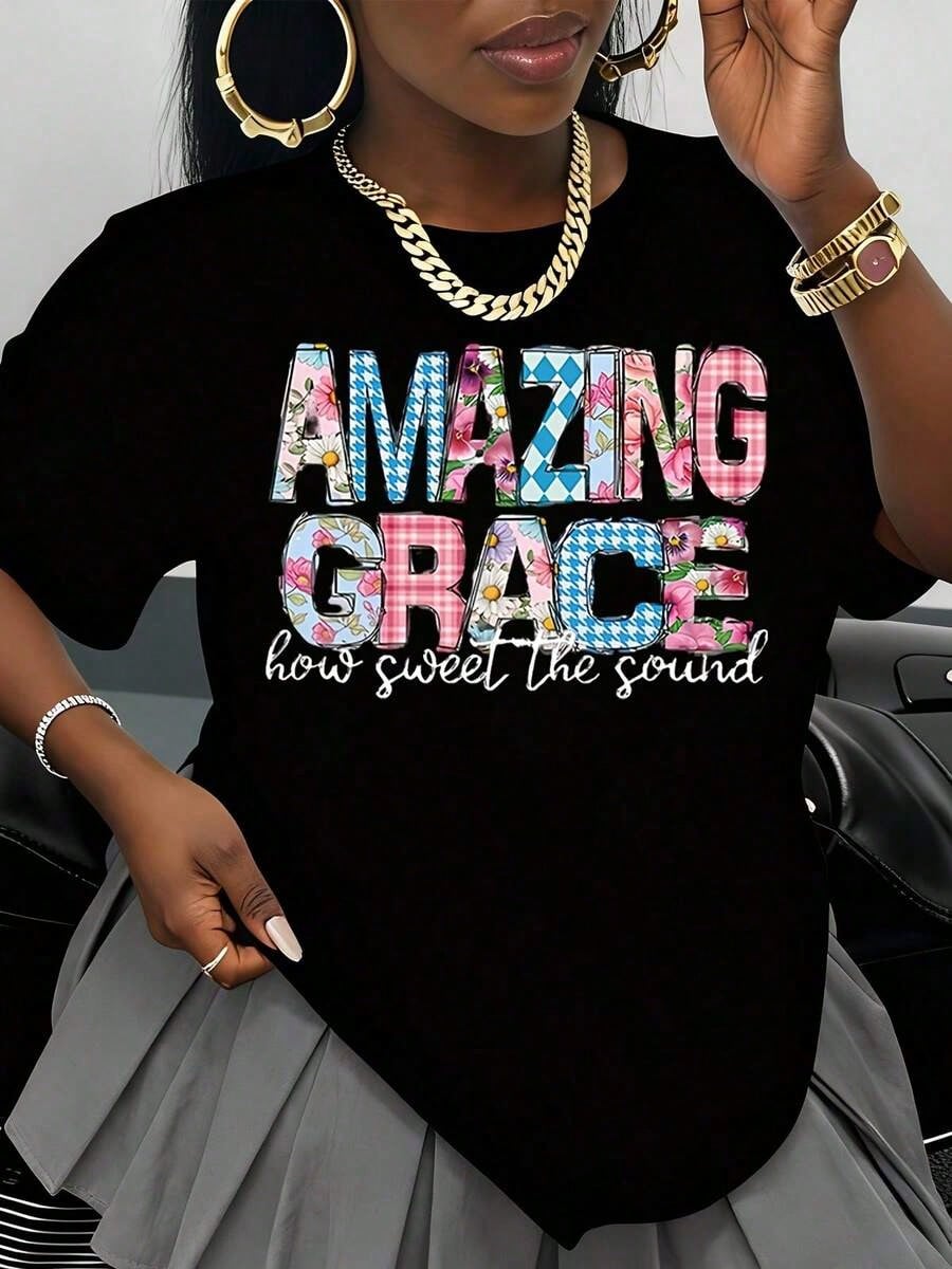 Amazing Grace How Sweet The Sound Patchwork Print T-Shirt Women's Casual White Top Christian Inspiration Statement Shirt For Everyday Wear And Religious Events