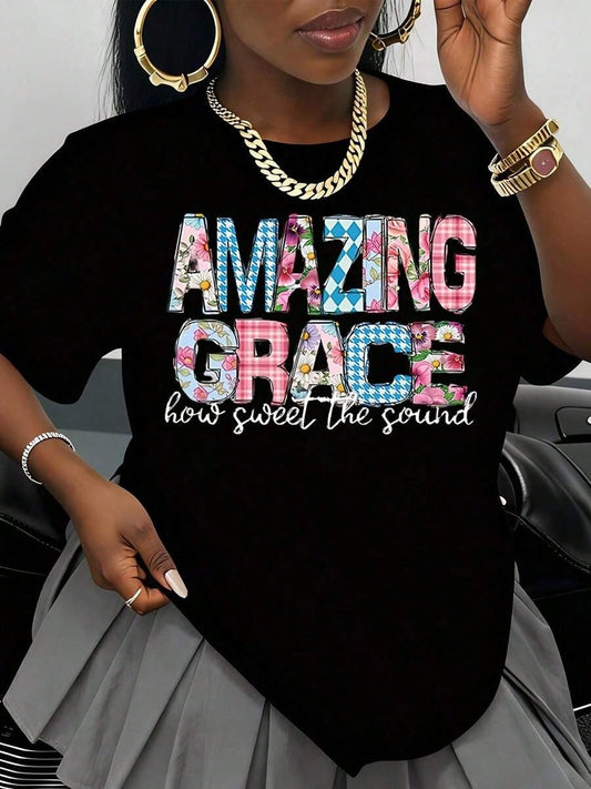 Amazing Grace How Sweet The Sound Patchwork Print T-Shirt Women's Casual White Top Christian Inspiration Statement Shirt For Everyday Wear And Religious Events