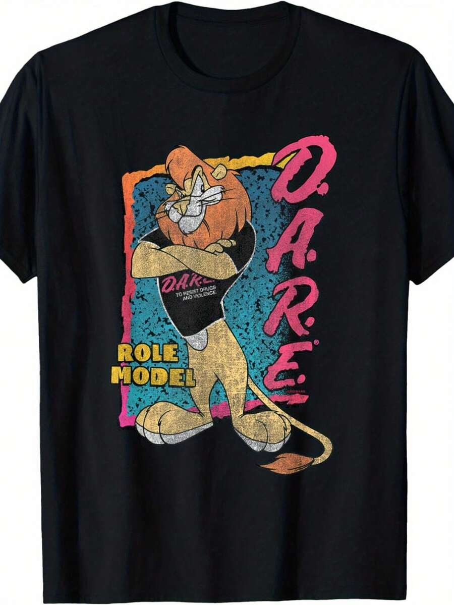 Program 90'S Retro Daren The Lion Role Model (Vintage 90s Cartoon, DARE Lettering & Lion)Heavyweight Cotton Printed Tee For Men - Loose Round Neck, Short Sleeve, Summer Casual, Oversized Style, Available S-XXXL