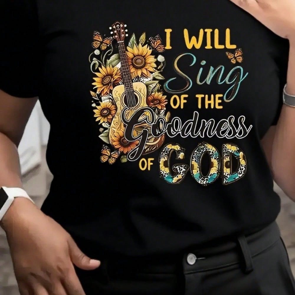 Women's Loose T-Shirt-"I Will Praise The Goodness Of God" Floral Print Short-Sleeved Shirt-Daily Casual Church Clothing-Breathable Summer Top-Black Religious Clothing, Faith Fashion, Art Design Light Top Mother's Day, Minimalist Style, Office Commute, Out