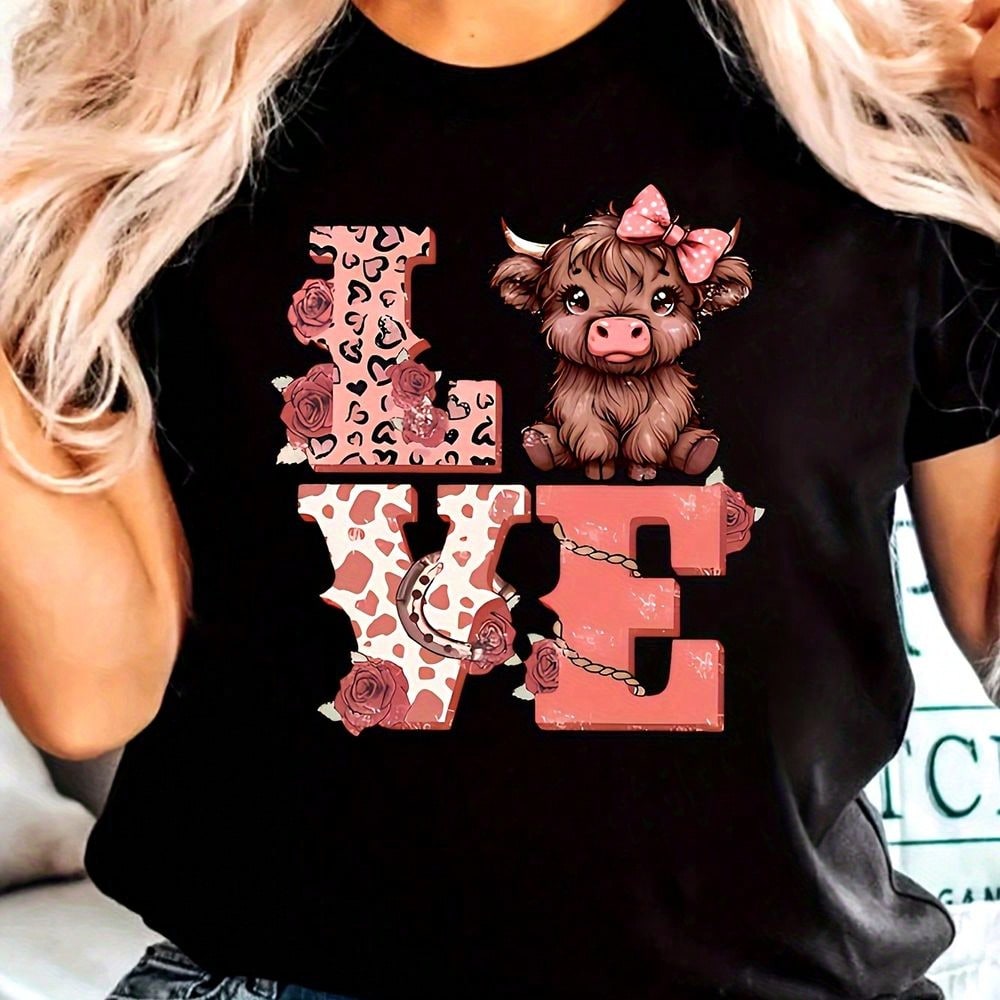 Women's Oversized Short-Sleeved Round Neck T-Shirt, Knitted Fabric, Slightly Elastic, With Cute Highland Cow Love Pattern Design, 180Gsm-PKDZ001 Juneteenth, Daily Wear, Modern Graphic Feel, Quick-Dry Performance, Travel Outfit, Unisex Fit