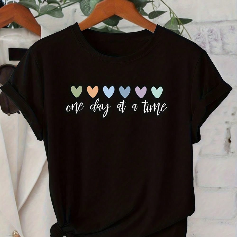 Women's Short Sleeve Series Color Love "One Day At A Time" Cure Wind Printing Round Neck Leisure Fashion Commuting Daily Retro Autumn And Winter Clothing Young Women's Short Sleeve T-Shirt Leisure Fresh Cute Elegant Women's Jacket Sports Style Jacket Roun