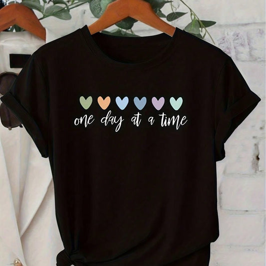 Women's Short Sleeve Series Color Love "One Day At A Time" Cure Wind Printing Round Neck Leisure Fashion Commuting Daily Retro Autumn And Winter Clothing Young Women's Short Sleeve T-Shirt Leisure Fresh Cute Elegant Women's Jacket Sports Style Jacket Roun