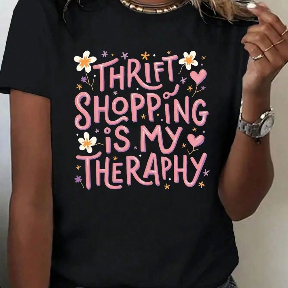 Women's Second-Hand Shopping T-Shirt-"Second-Hand Shopping Is My Treatment" Pattern T-Shirt With Floral Hearts And Stars, Black Casual Short Sleeve Round Neck, Suitable For Spring, Summer And Autumn, Casual Wear | Fun Design | Comfortable Fit Earth Day, A