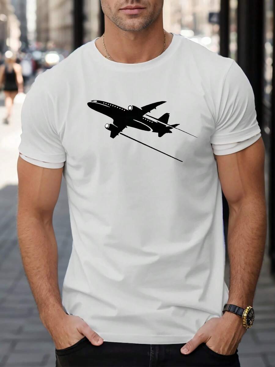 Leisure, Fashion Airplane Print T-Shirt, Men's T-Shirt, Casual Short-Sleeve T-Shirt, Printed T-Shirt, Comfortable T-Shirt, Men's Patterned T-Shirt, Comfortable, Loose