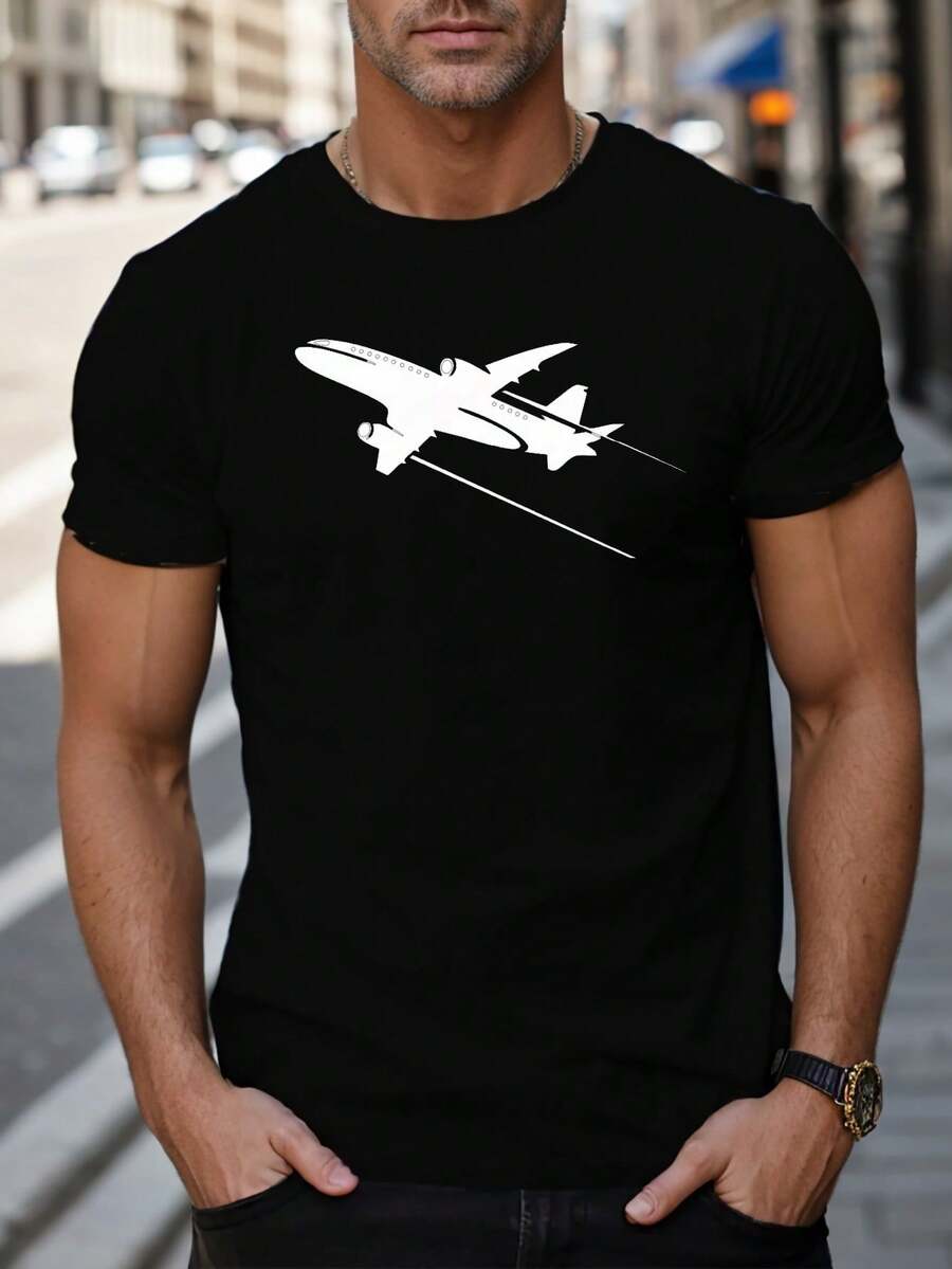 Leisure, Fashion Airplane Print T-Shirt, Men's T-Shirt, Casual Short-Sleeve T-Shirt, Printed T-Shirt, Comfortable T-Shirt, Men's Patterned T-Shirt, Comfortable, Loose