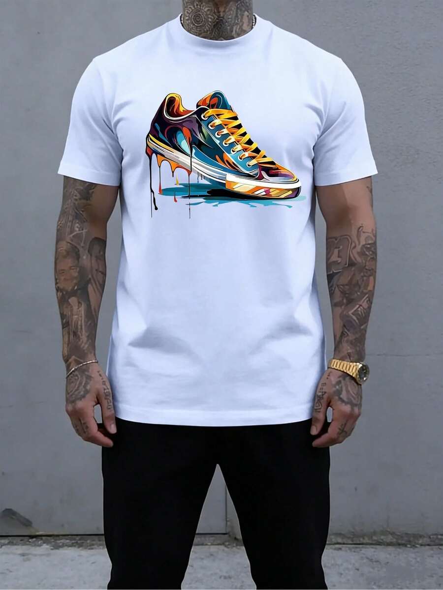 Fashionable And Street Style Men's T-Shirt, Equipped With Colorful Shoes, Designed With Paint Drip Art Effect, Street Clothing For Daily Commuting, Washable