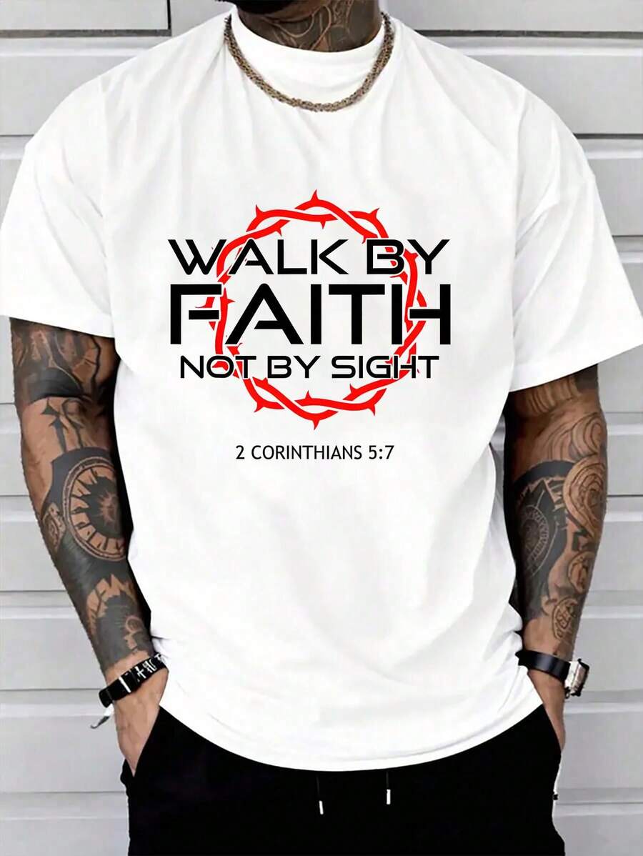100% Cotton Jesus Walk By Faith Christian T-Shirt Round Neck Short Sleeve T-Shirt Women's Men's Graphic Tee Women's Men Graphic Tee