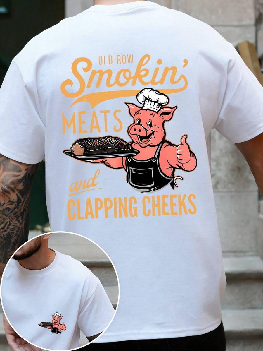 Men's Fashion Red Pig Chef Letter Graphic Print T-Shirt