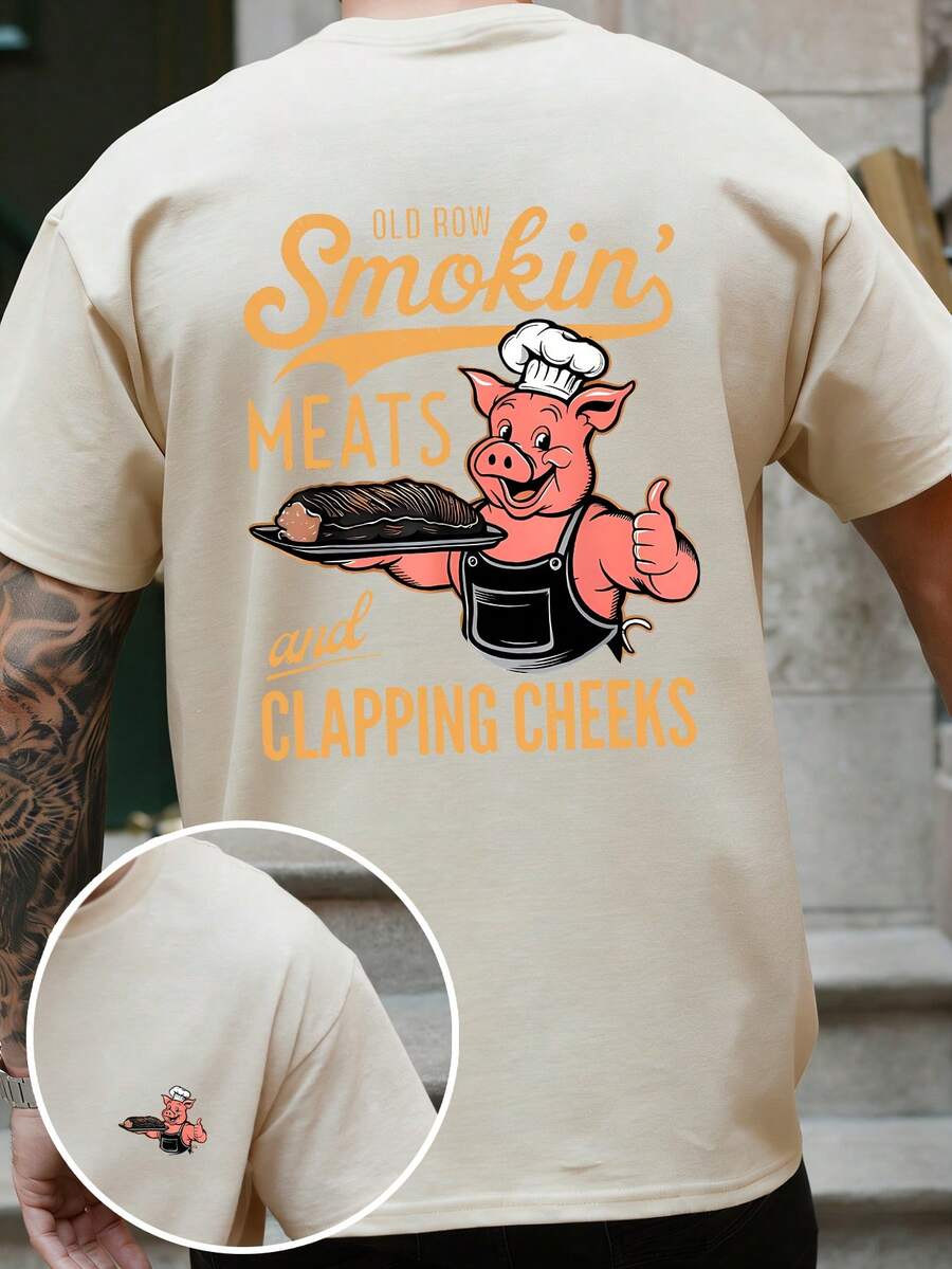 Men's Fashion Red Pig Chef Letter Graphic Print T-Shirt