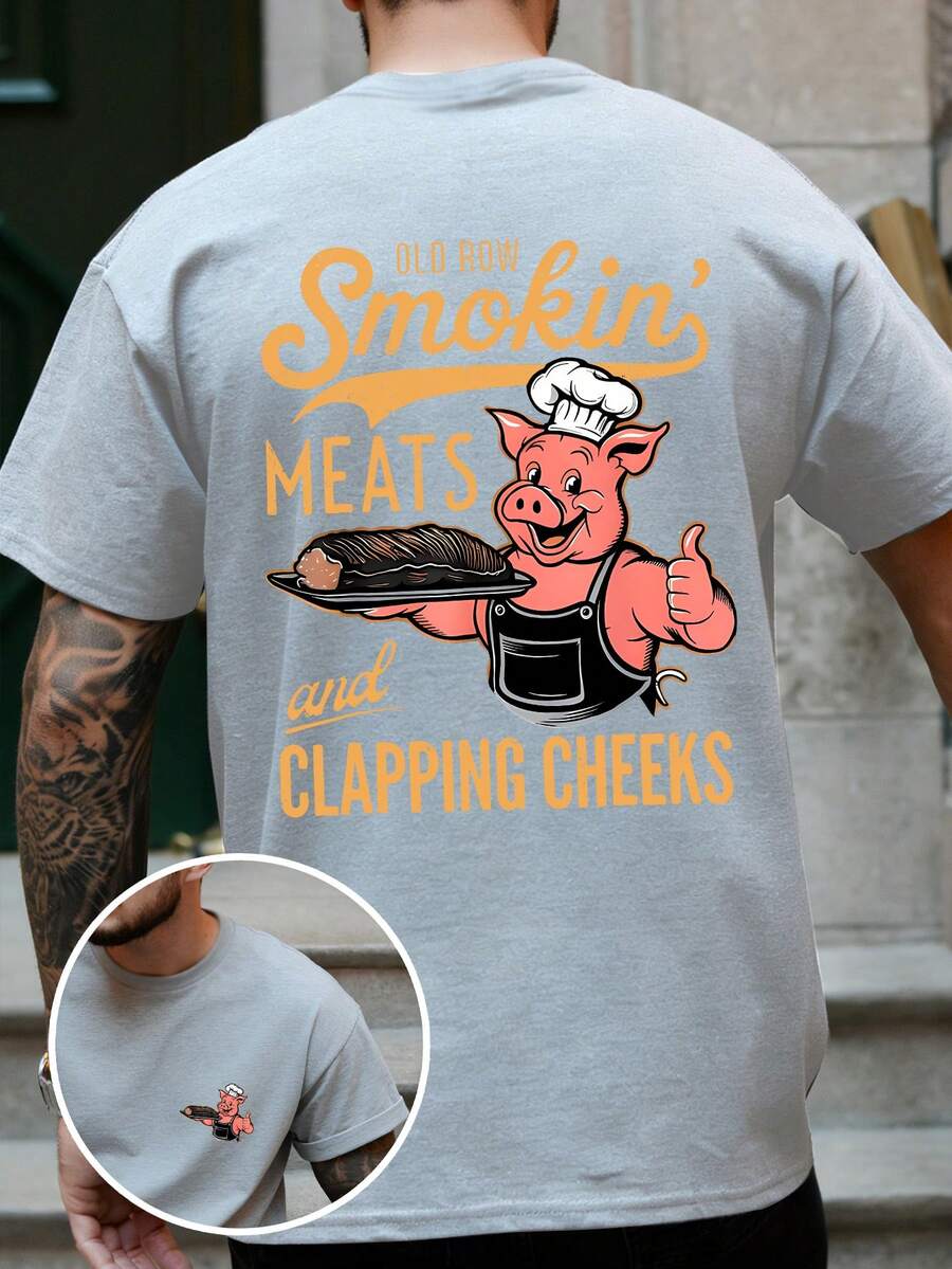 Men's Fashion Red Pig Chef Letter Graphic Print T-Shirt