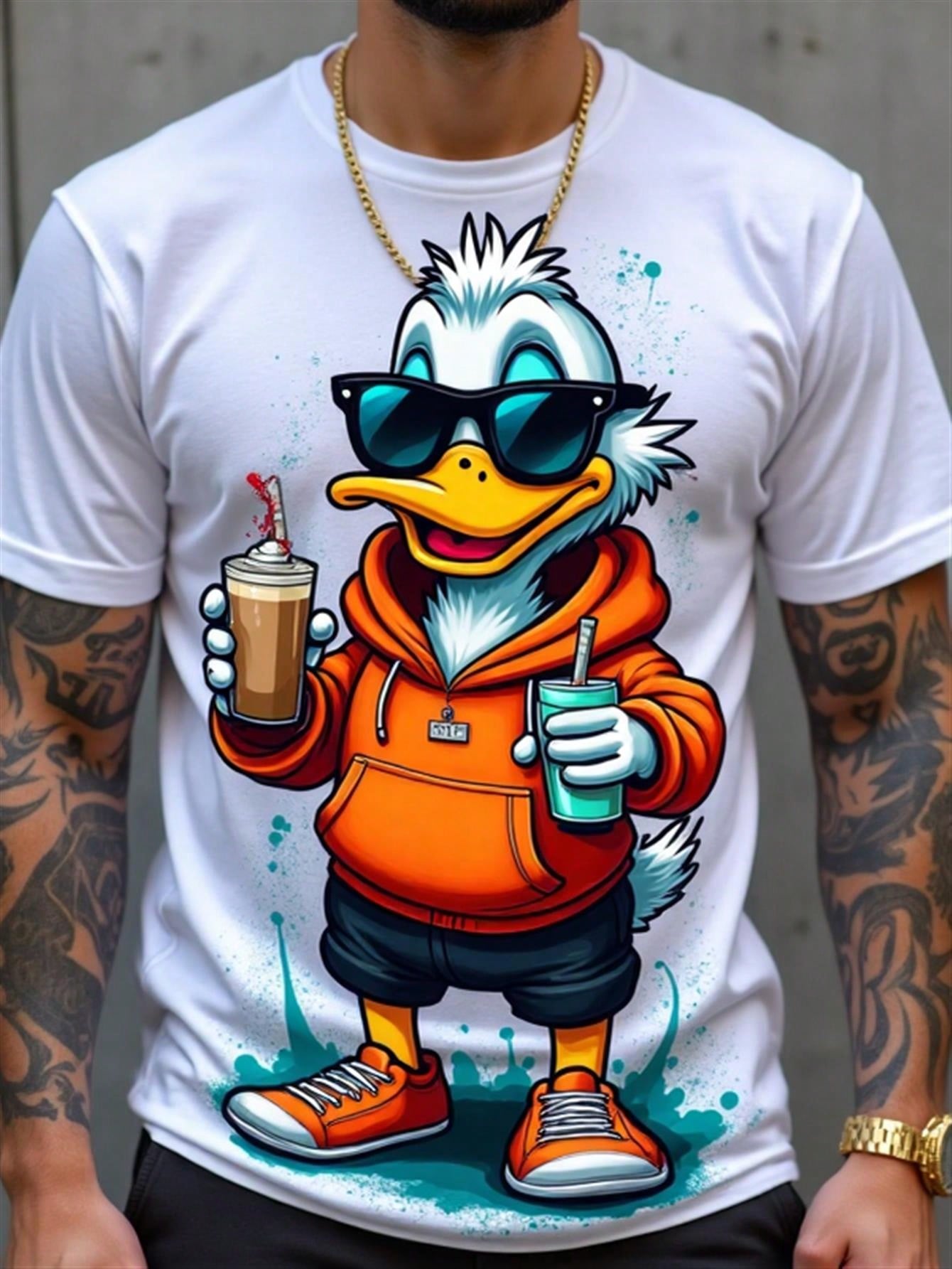 Men'S Casual Duck Graphic T-Shirt| White, Crew Neck, Short Sleeve, Lightweight Fabric With Cool Drinking Design, Perfect For Parties And Outings, Playful And Durable Print, Knit
