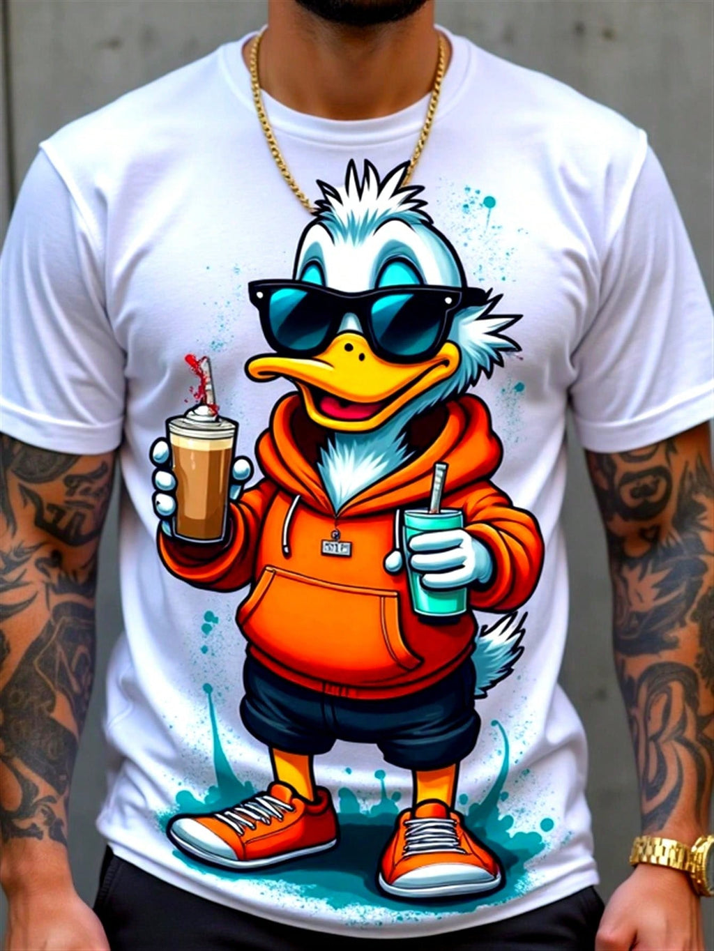 Men'S Casual Duck Graphic T-Shirt| White, Crew Neck, Short Sleeve, Lightweight Fabric With Cool Drinking Design, Perfect For Parties And Outings, Playful And Durable Print, Knit
