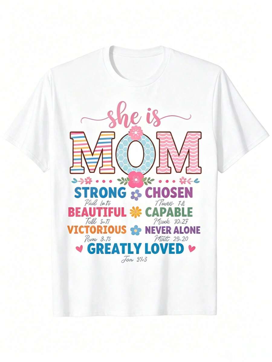 She Is Mom Christian Bible Verse T-Shirt - Inspirational Mother'S Day Gift With Floral & Faith Design, Soft Breathable Crew Neck Tee, Comfort Fit Unisex Short Sleeve Top For Women & Men, Bible Verse Quotes (Psalm 127:2, Proverbs 31:25