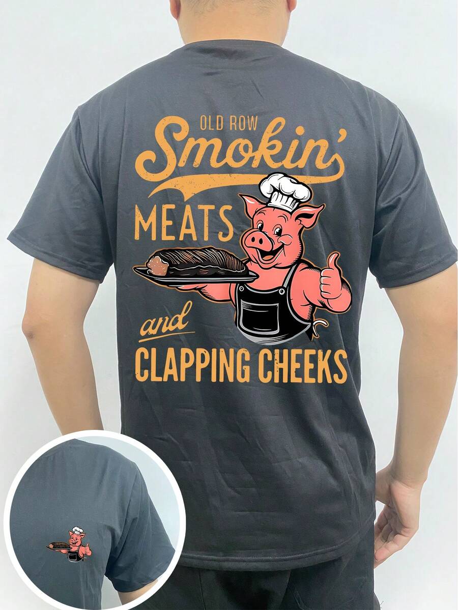 Men's Fashion Red Pig Chef Letter Graphic Print T-Shirt