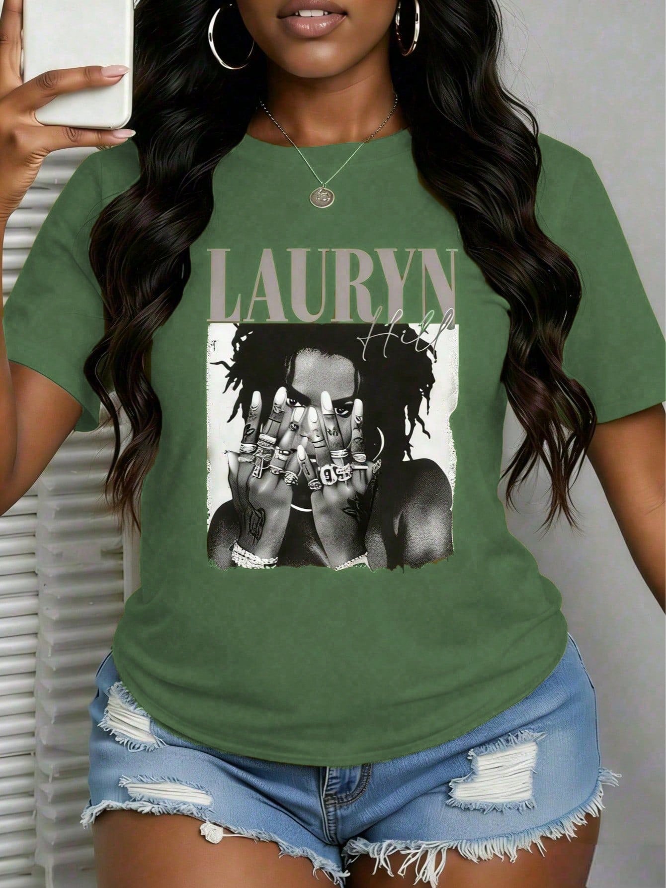 With Ring On Hand - 100% Cotton Women's T-Shirt/Lauren Hill/Letter Print/Vintage T-Shirt/Women's Casual Loose Round Neck Top/Spring And Summer-Niche Graffiti Prints T-Shirts-85841-102525