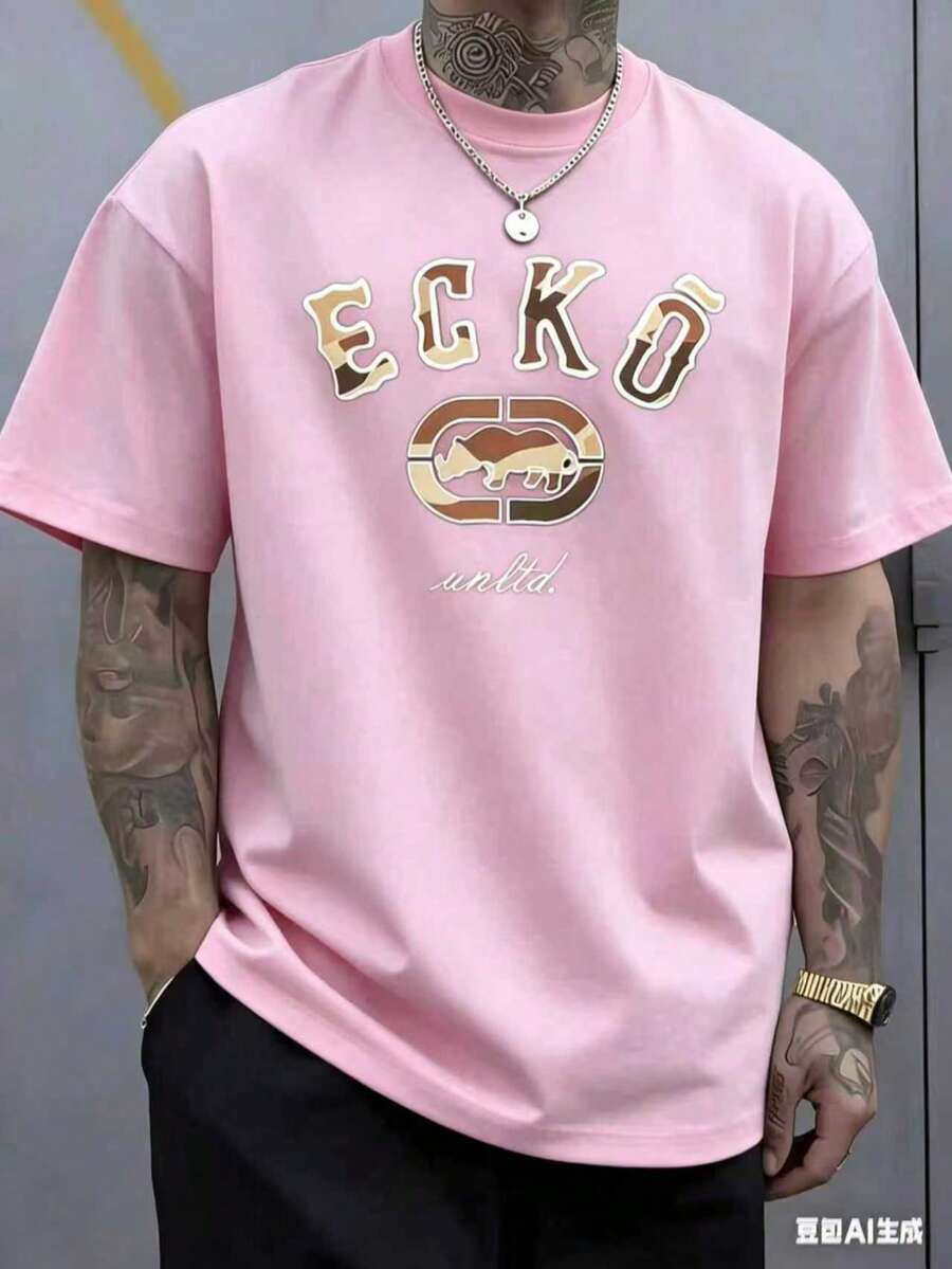 The Iconic ECKO Unltd Graphic Features A Bold Rhino Emblem With Urban Camouflage Lettering Symbolizing Strength Individuality Urban Culture And Authenticity 220g TshirtCasual Short-Sleeve T-Shirts For Men And Women