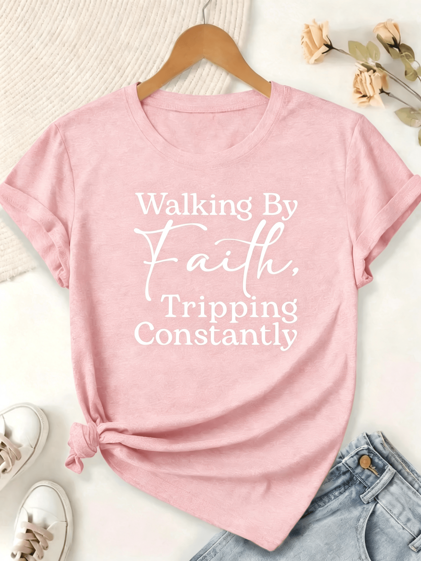 Plus-Size Women's-Shirt, Printed With Bible Verse Walk By Faith, Often Stumble - Christian Faith Apparel, Short-Sleeved, Round-Neck, Casual Wear BHOK