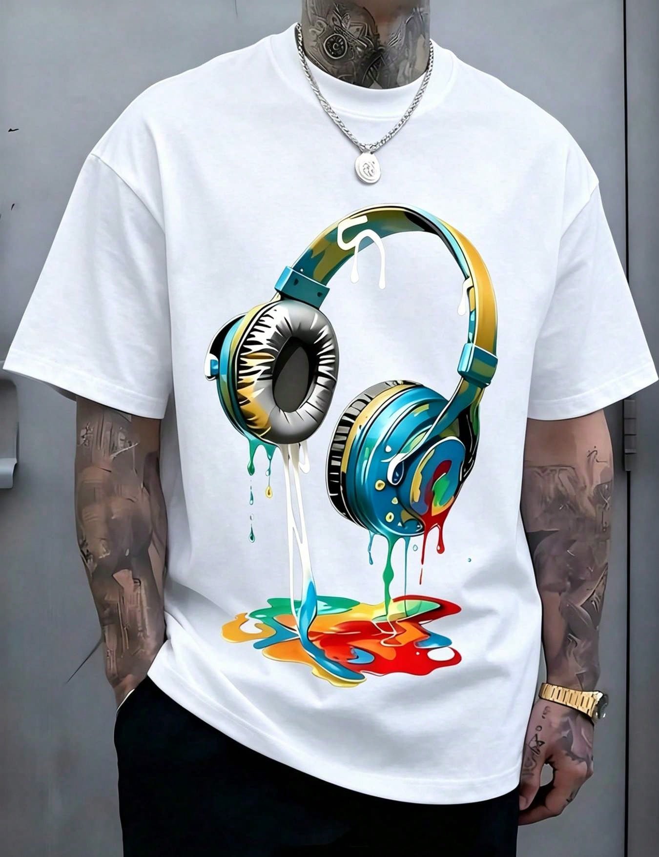 1pc Man' S Colorful Headphone Paint Print Black TShirt, Crew Neck, Casual Cotton Tee, Medium Stretch Knit Fabric, Regular Fit For Boys& Man, Perfect