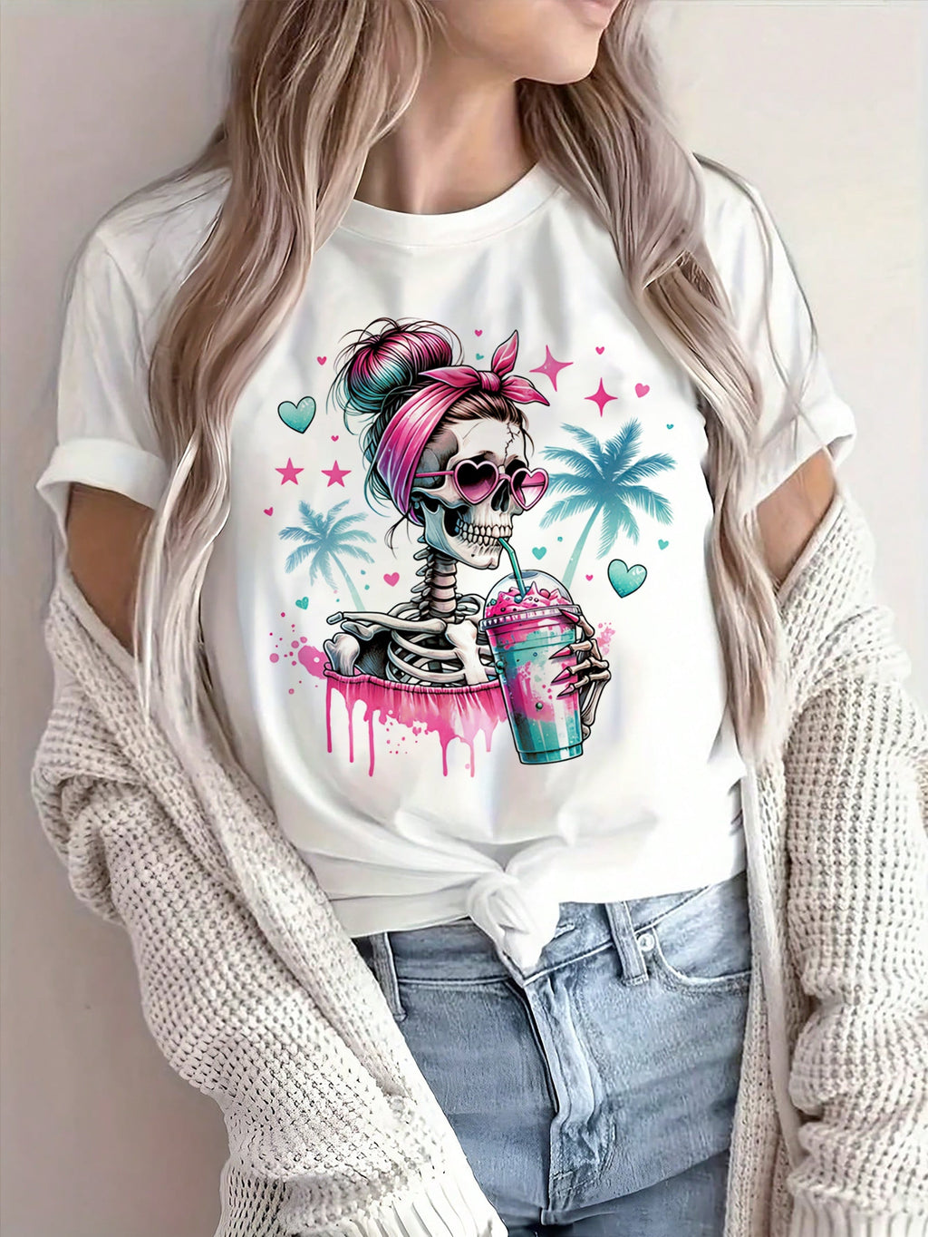 Halloween Coconut Tree Skull Head Breathable Printed Round Neck T-Shirt Casual Shirt New Women'S Holiday Costume Top