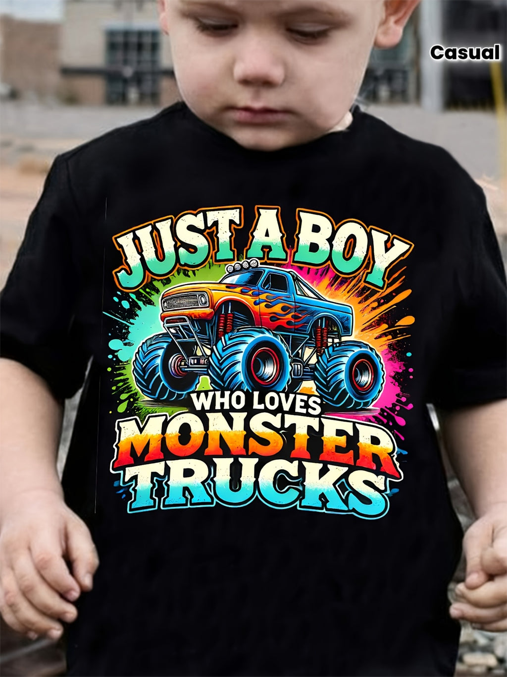 TX31220 Boy JUST A BOY WHO LOVES MONSTER TRUCKS Truck Print Casual Round Neck T-shirt