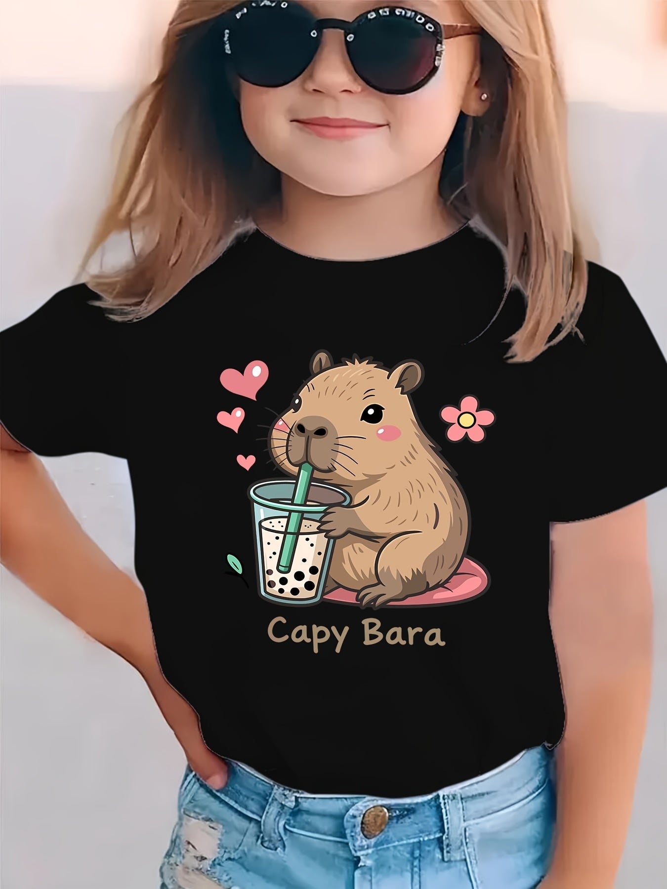 Summer Fashion Short-Sleeve T-Shirt for Girls Featuring a Capybara with Heart Flowers And a Milk Tea Theme, Casual And Versatile Top NY-DX8830