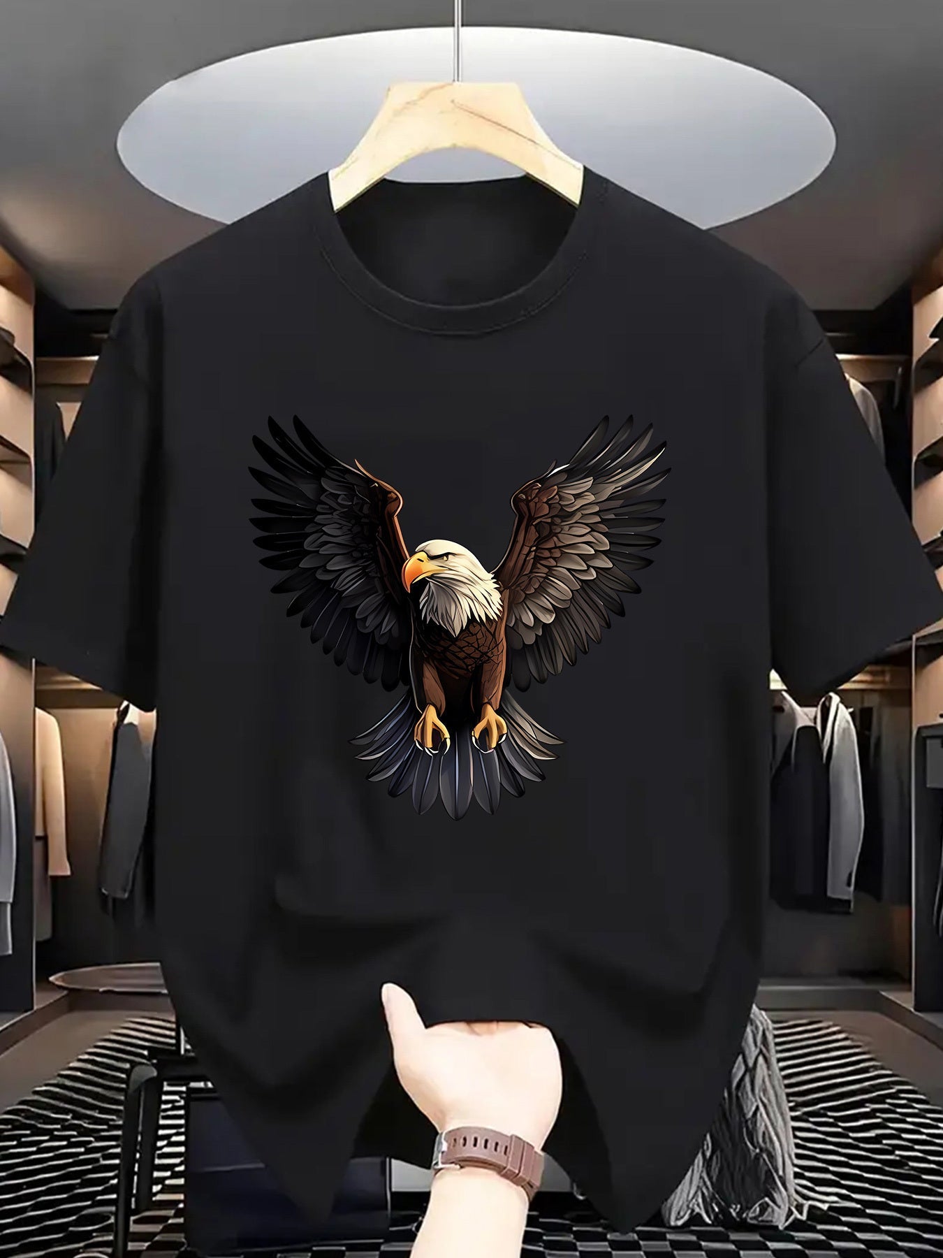 1pc Men'S Summer Fashion Eagle Print Short Sleeve T-Shirt, Casual Crew Neck Polyester Tee with Slight Stretch, Knit Fabric Letter Pattern Print for Adults