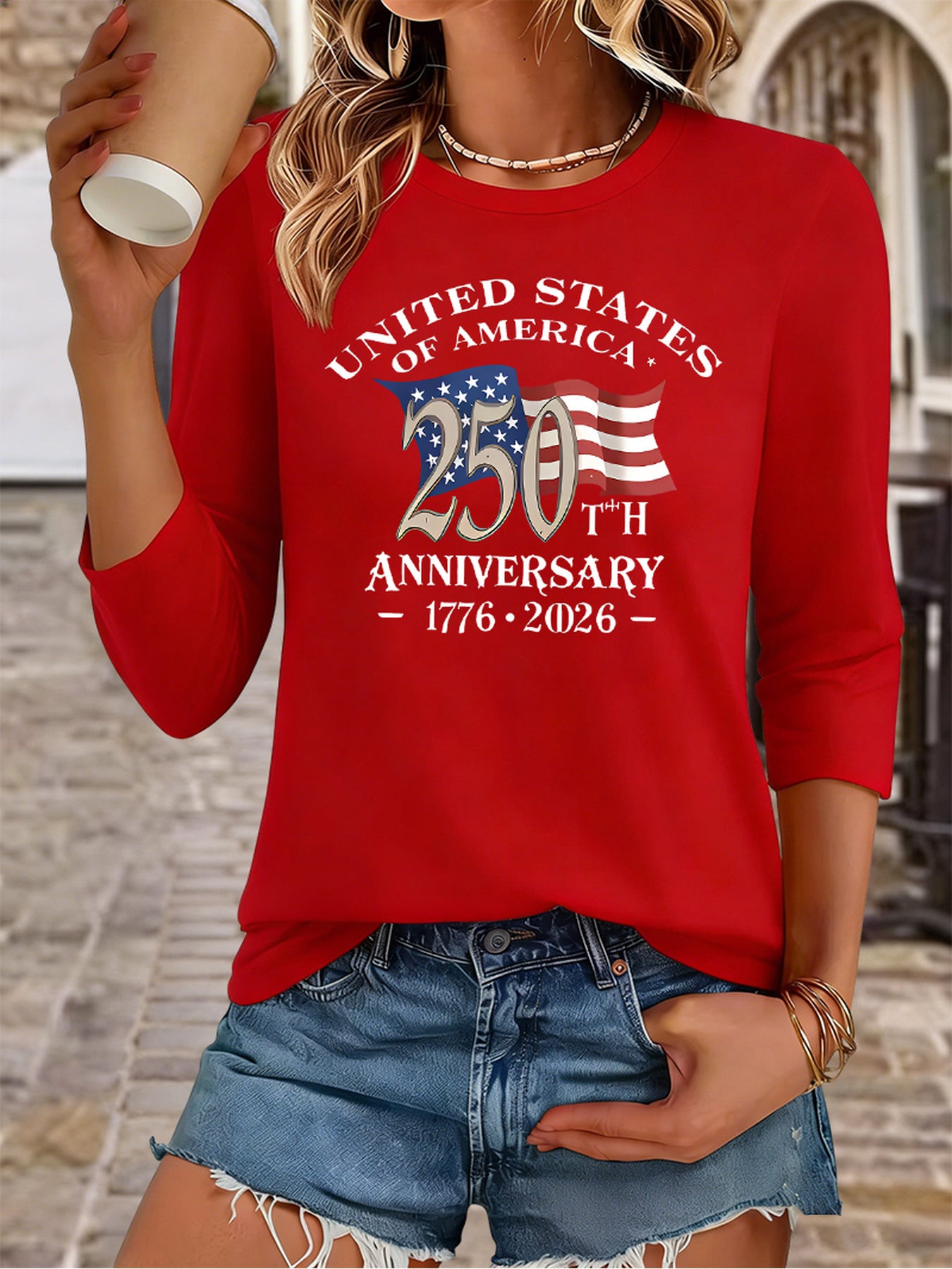 Women's USA 250th Anniversary T-Shirt 1776-2026 - Soft Breathable 3/4 Sleeve Crew Neck Top with Patriotic American Flag Print, Casual Relaxed Fit Suitable for 4th of July, July Celebrations & Year-Round Wear