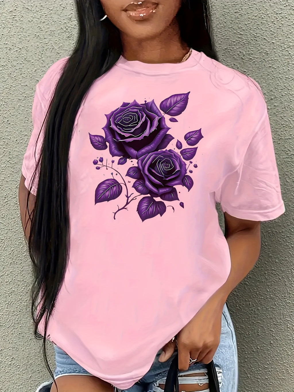 Purple Rose Pattern Printed Comfortable Women'S Short-Sleeve T-Shirt, Sports T-Shirt with Print, Women'S T-Shirt Design, Women'S Top