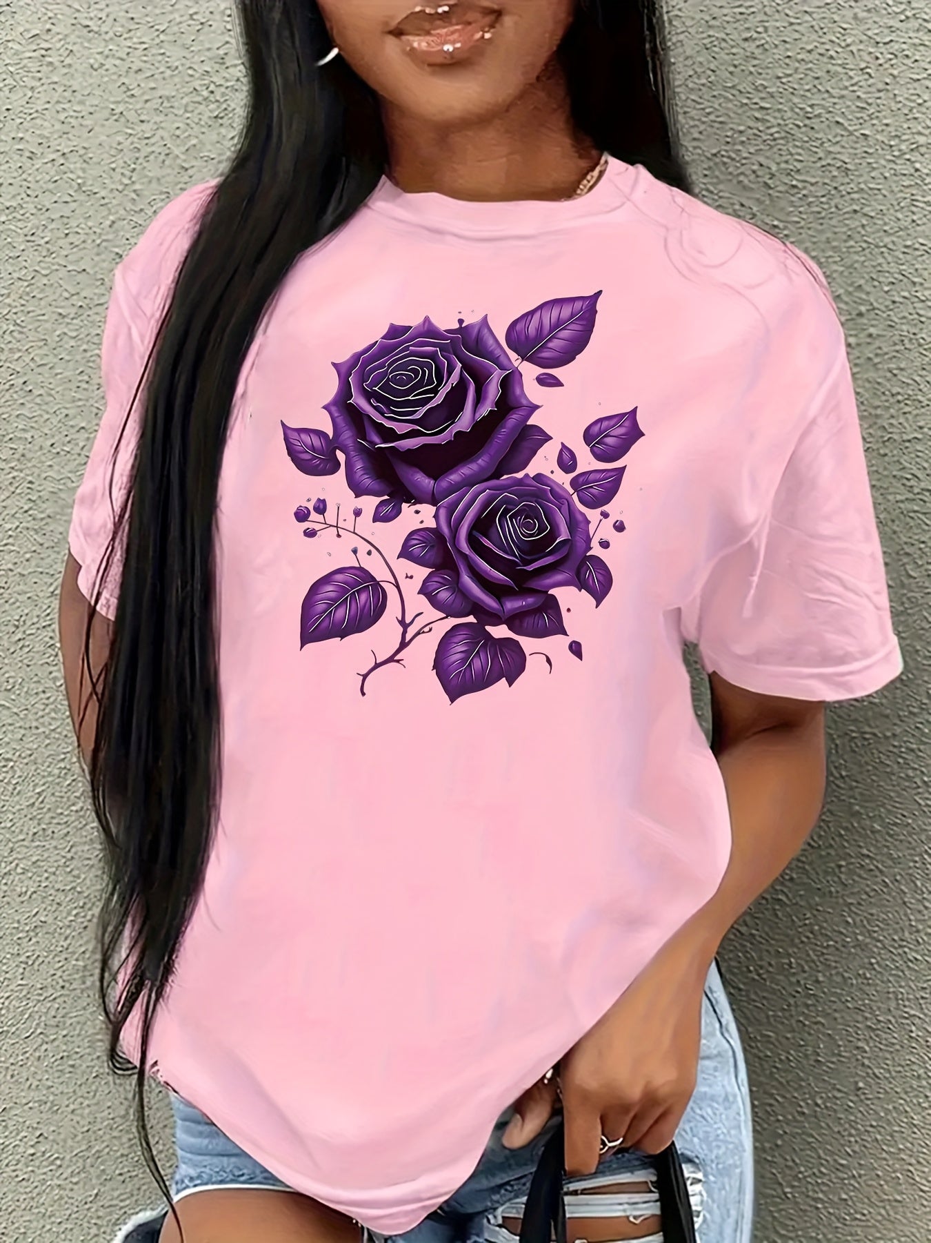 Purple Rose Pattern Printed Comfortable Women'S Short-Sleeve T-Shirt, Sports T-Shirt with Print, Women'S T-Shirt Design, Women'S Top