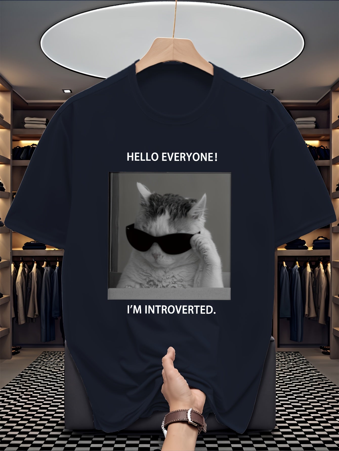 Men's "Pretending to Be Socially Awkward" Cat Letter Print Versatile Casual Sporty Short-Sleeve T-Shirt