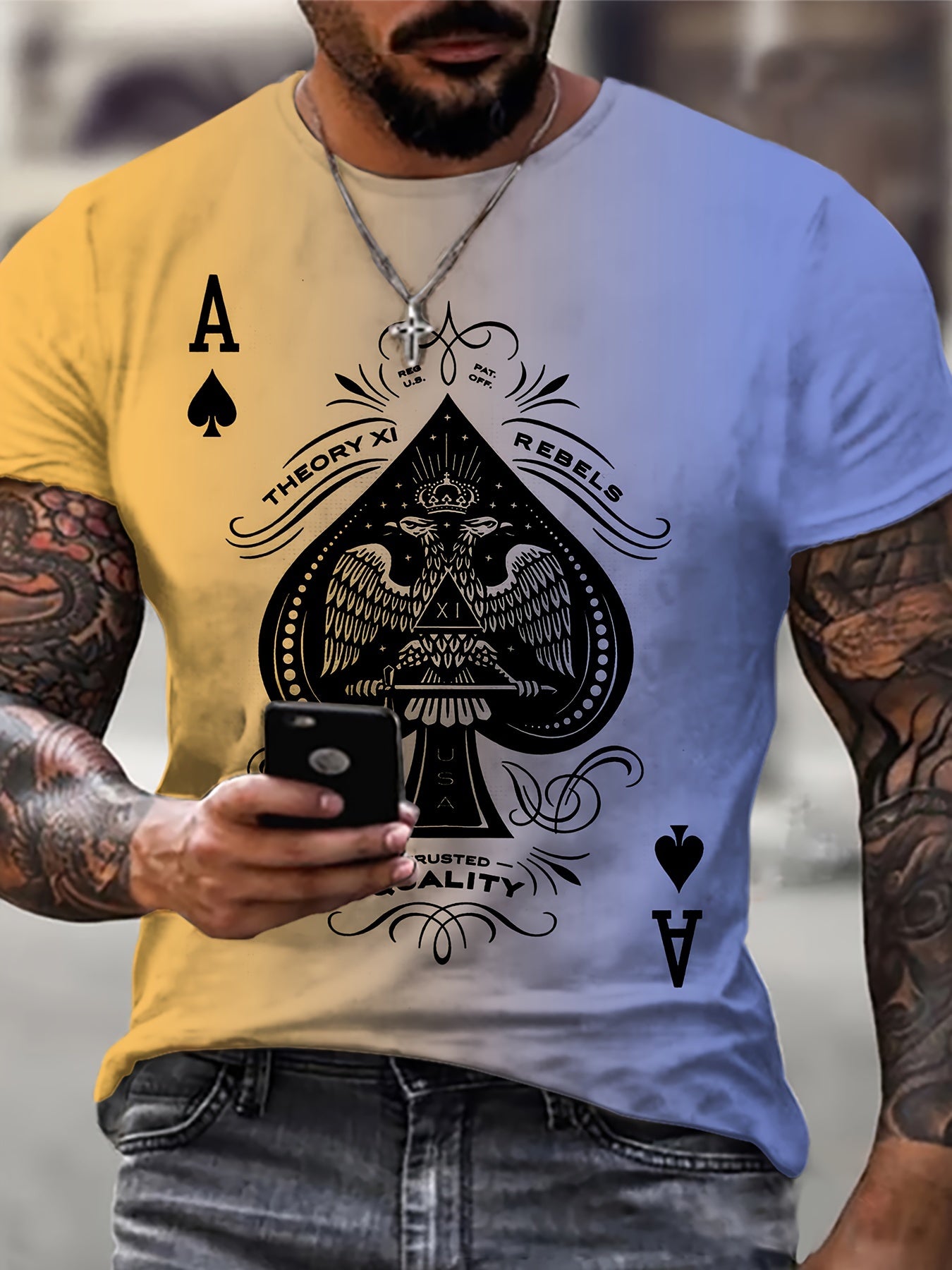 Men's Oversized Fit Suitable for: Casual Streetwear T-Shirt with Spade A Print - Loose Fit Round Neck, Machine Washable Sporty Hip Hop Shirts