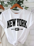 Elegant Women'S Shirt, New York Letters Print Round Neck T-Shirt, Spring And Summer Casual Short Sleeve Top, Women'S Clothing