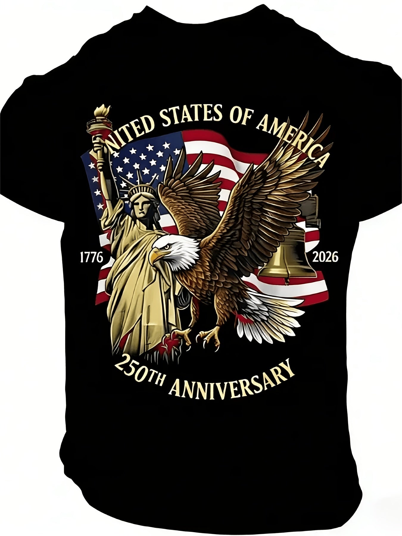 Large Round-Neck Short-Sleeved T-Shirt, Large Independence Day 250Th Anniversary T-Shirt, Featuring The National Flag, Eagle, And Statue of Liberty Prints, Loose-Fitting Top, Plus Size
